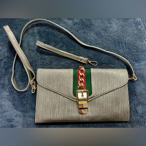 Gold Crossbody Clutch Purse w/ Chain Detail, Wrist Strap & Adjustable Strap